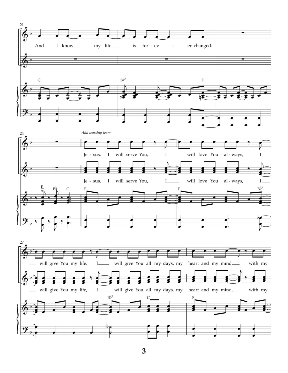 Song score, bars 21-29: solo ends "my life is forever changed," then worship team adds two-part "Jesus, I will serve You"