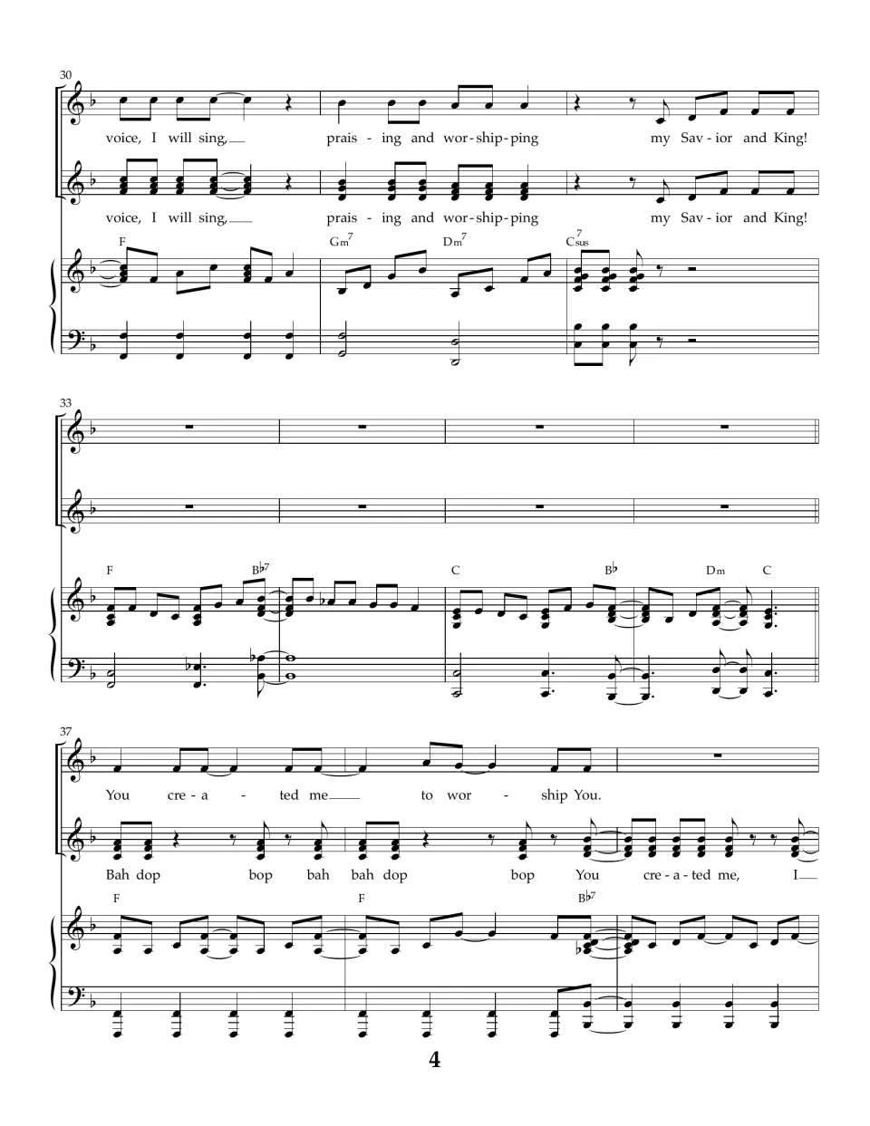 Song score, bars 30-39: "praising and worshiping my Savior and King," a piano interlude, then "Bah dop" backing