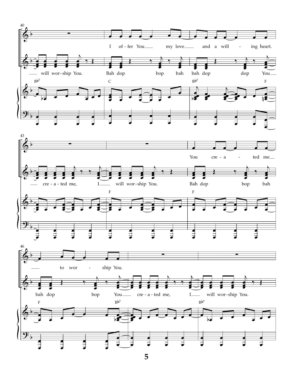 Song score, bars 40-48: solo sings "I offer You my love and a willing heart" as the lower part answers with "Bah dop" scat