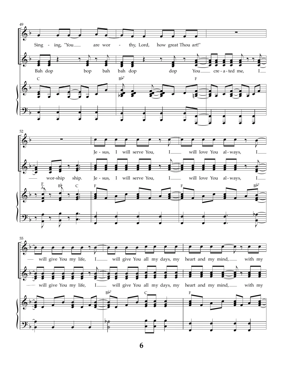 Song score, bars 49-57: "You are worthy, Lord, how great Thou art!" then two-part "Jesus, I will serve You" chorus returns
