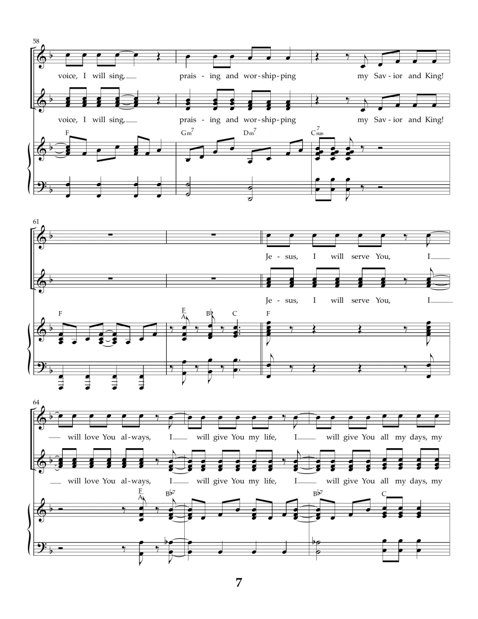 Song score, bars 58-66: chorus ends on "my Savior and King," a piano break, then a final "Jesus, I will serve You" chorus