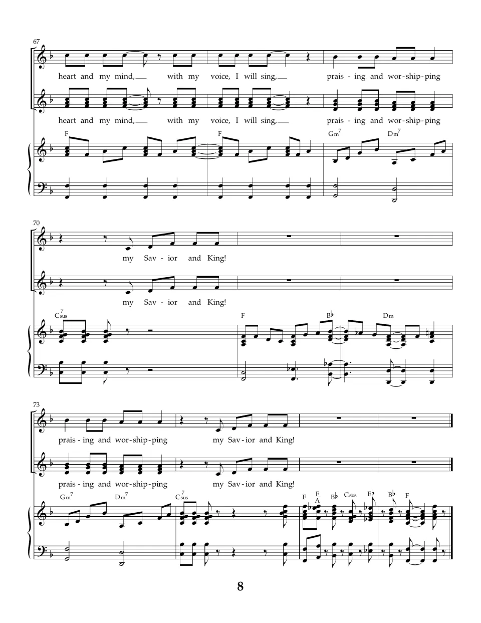 Song score, bars 67-76: closing "with my voice, I will sing" lines, a repeated "my Savior and King" tag and piano ending