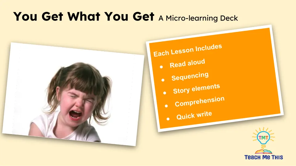 Lesson overview listing a read-aloud, sequencing, story elements, comprehension, and a quick write