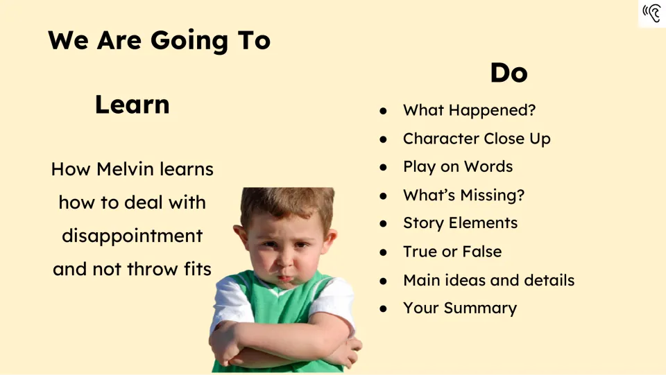 Lesson goals introduce Melvin learning to handle disappointment and list eight book study activities