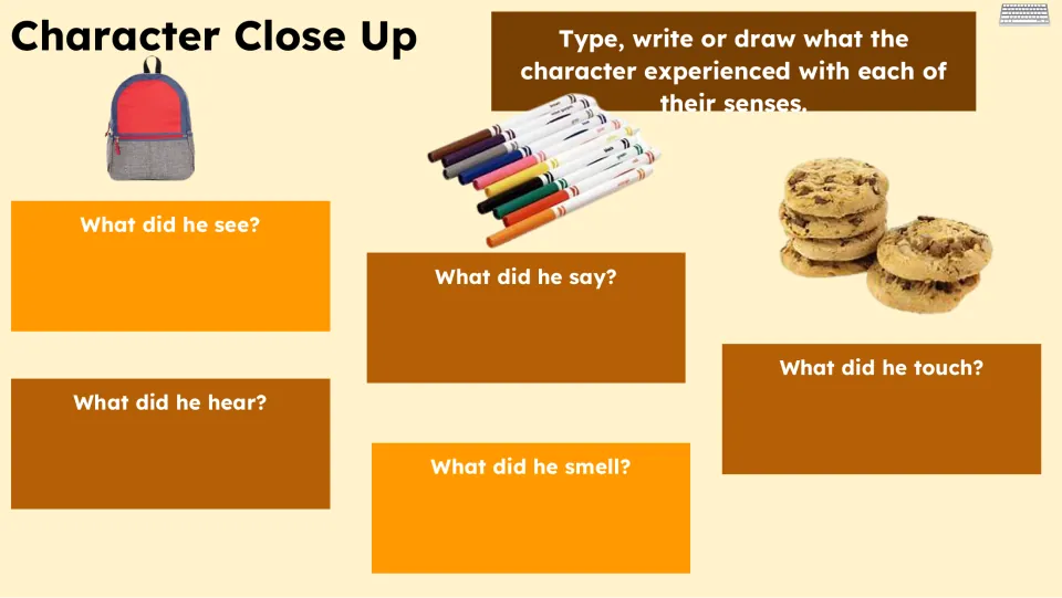 Character Close Up asks students to type, write, or draw what Melvin saw, said, touched, heard, and smelled
