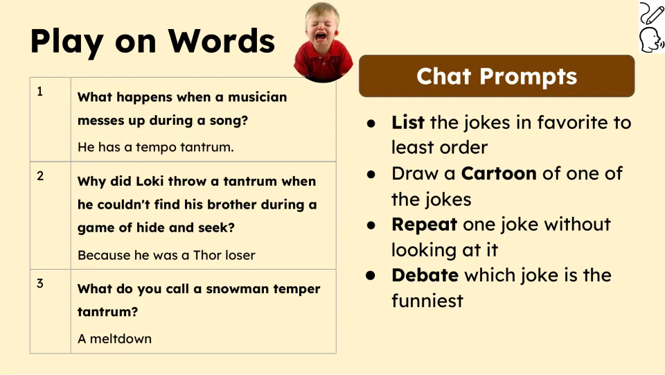 Play on Words presents three tantrum jokes and prompts to rank them, draw a cartoon, repeat one, and debate