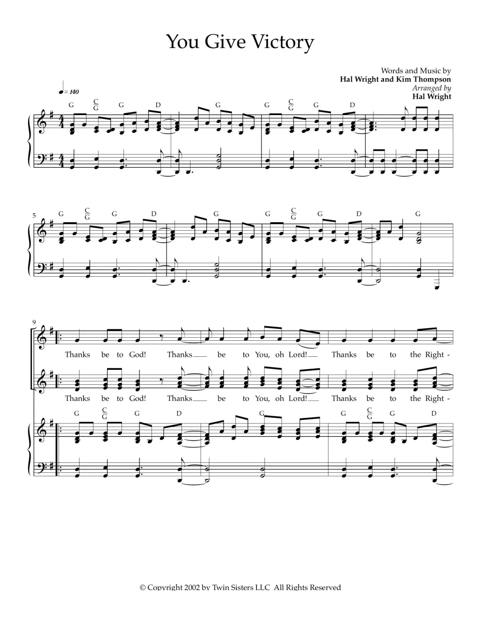 Opening of You Give Victory by Hal Wright and Kim Thompson: G major piano intro, then two vocal parts sing Thanks be to God
