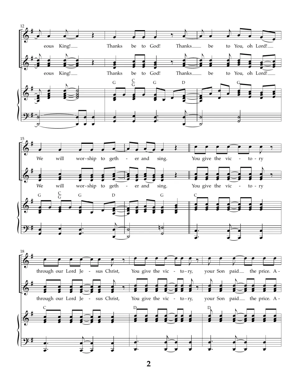 Score measures 12-20: voices and piano sing We will worship together and sing, then You give the victory through Christ