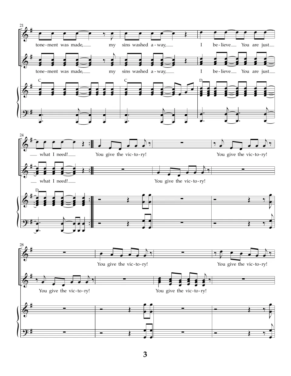 Score measures 21-31: voices sing Atonement was made, my sins washed away, then trade echoing You give the victory! calls