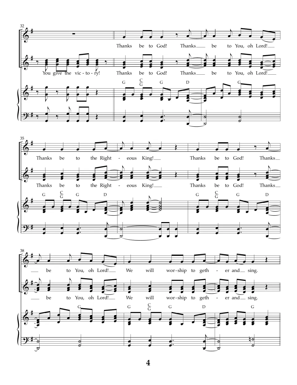 Score measures 32-40: Thanks be to God refrain returns over G, C and D chords, ending on We will worship together and sing
