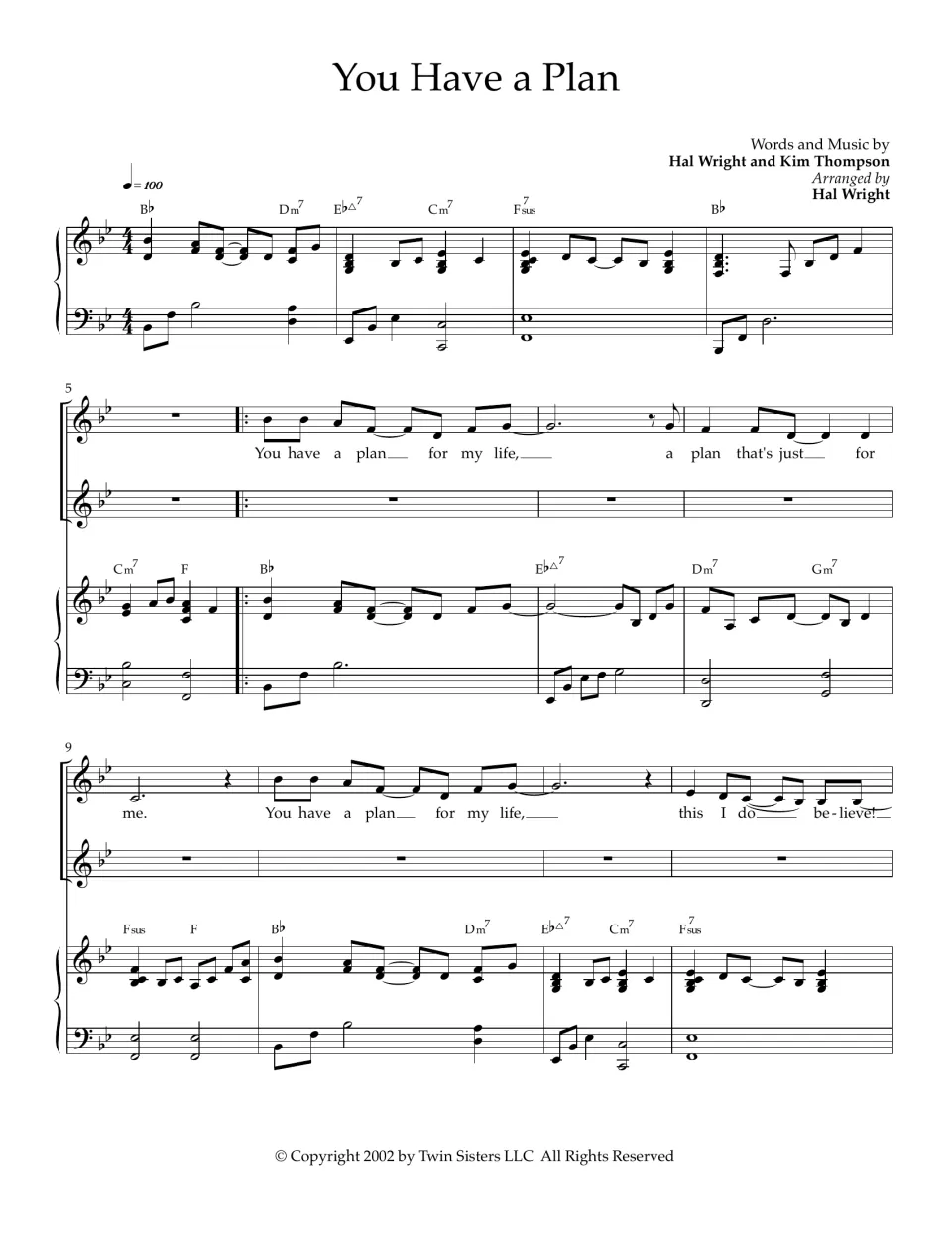 Song score opening, bars 1-12: piano intro and first chorus for melody, harmony and piano in B-flat with chord symbols