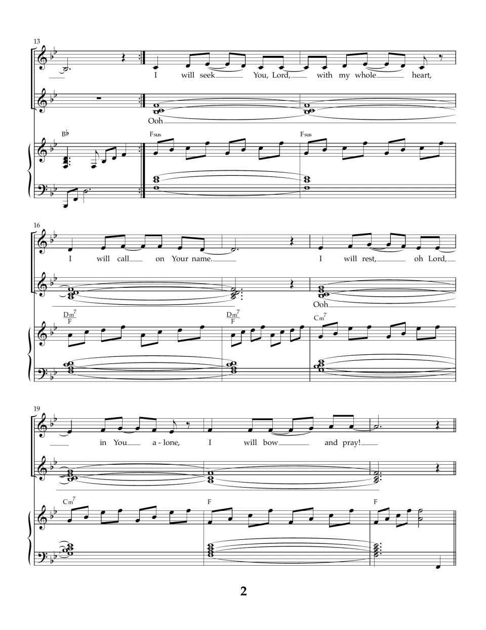 Verse in bars 13-21: melody sings 'I will seek You, Lord' while the harmony line holds 'Ooh' over piano arpeggios