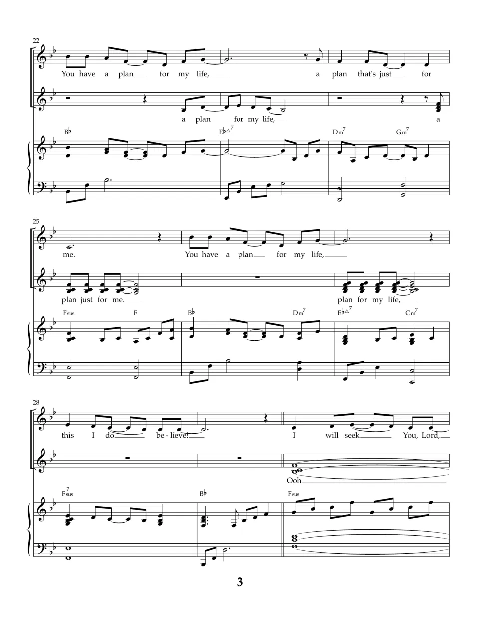 Chorus repeat in bars 22-30: harmony part echoes 'a plan for my life' in call and response, then the verse begins again