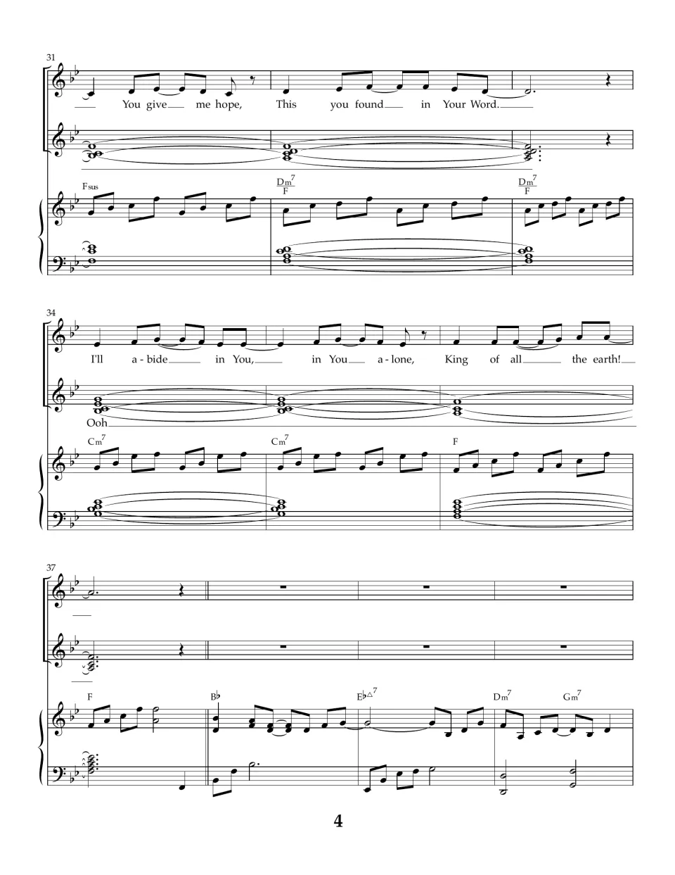 Second verse ending in bars 31-40: 'You give me hope' through 'King of all the earth!' followed by a piano interlude