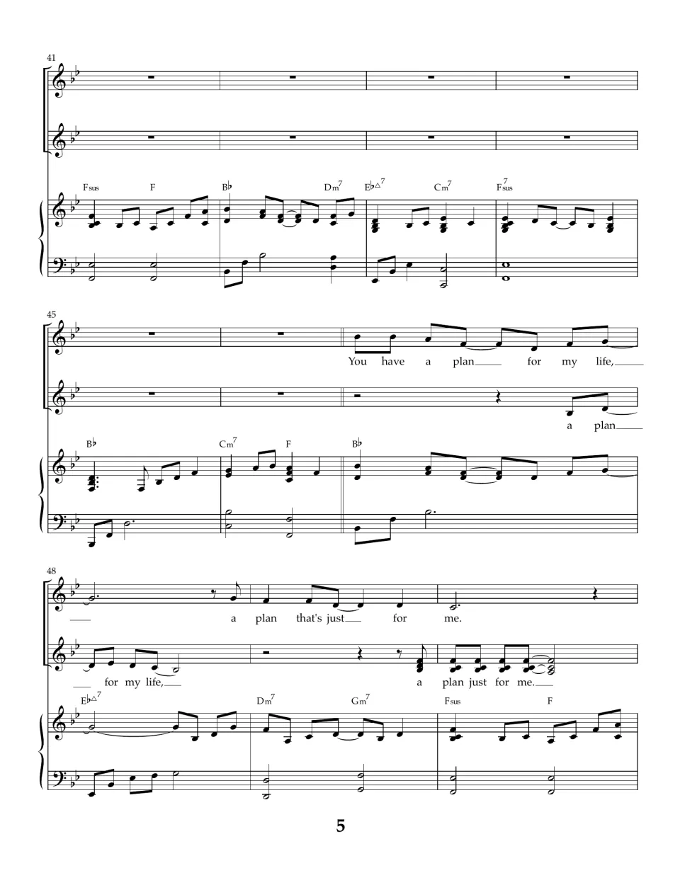 Piano interlude and final chorus in bars 41-50: the melody re-enters at bar 47 and the harmony part echoes each line