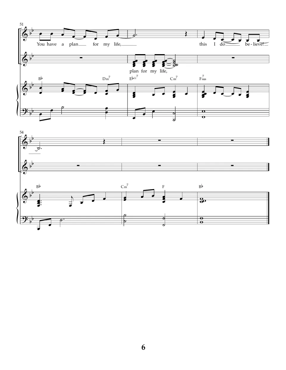 Song ending in bars 51-57: last chorus line 'this I do believe!' and a closing piano tag resolving to a B-flat chord