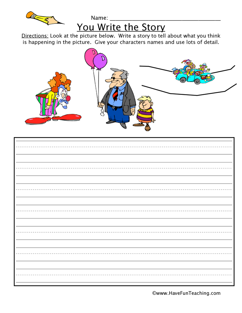 You Write the Story Clown Picture Worksheet by Teach Simple