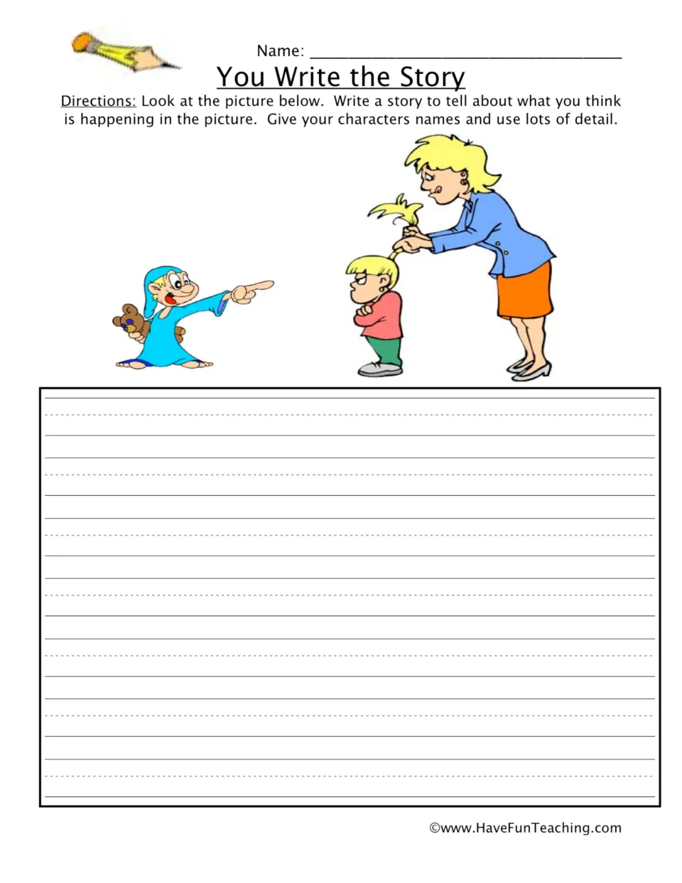 Picture-prompt story writing: a pajama-clad child points as a woman fixes a girl's hair; students name characters and write