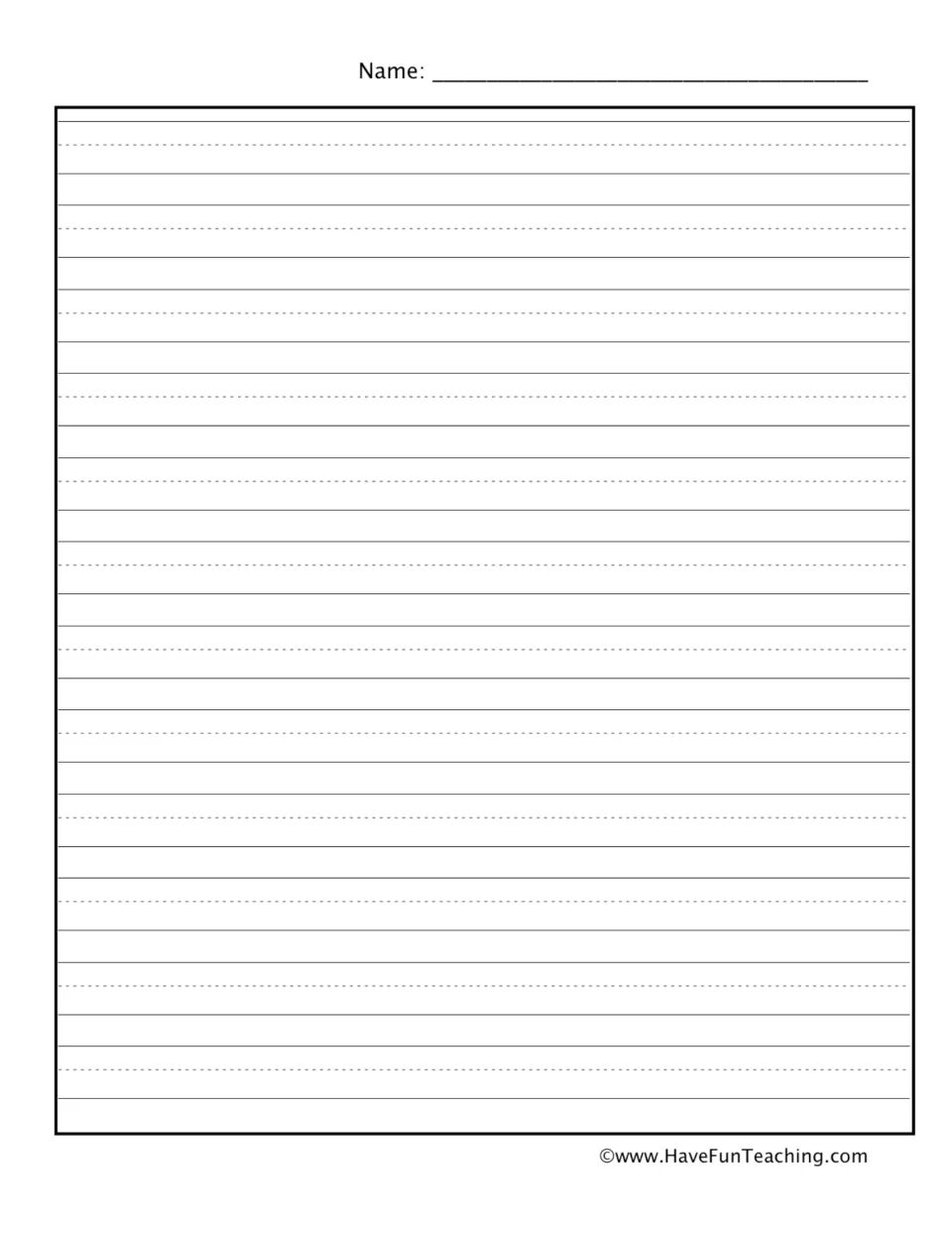 Continuation sheet for the picture story: blank ruled writing space with a name line so students can keep writing