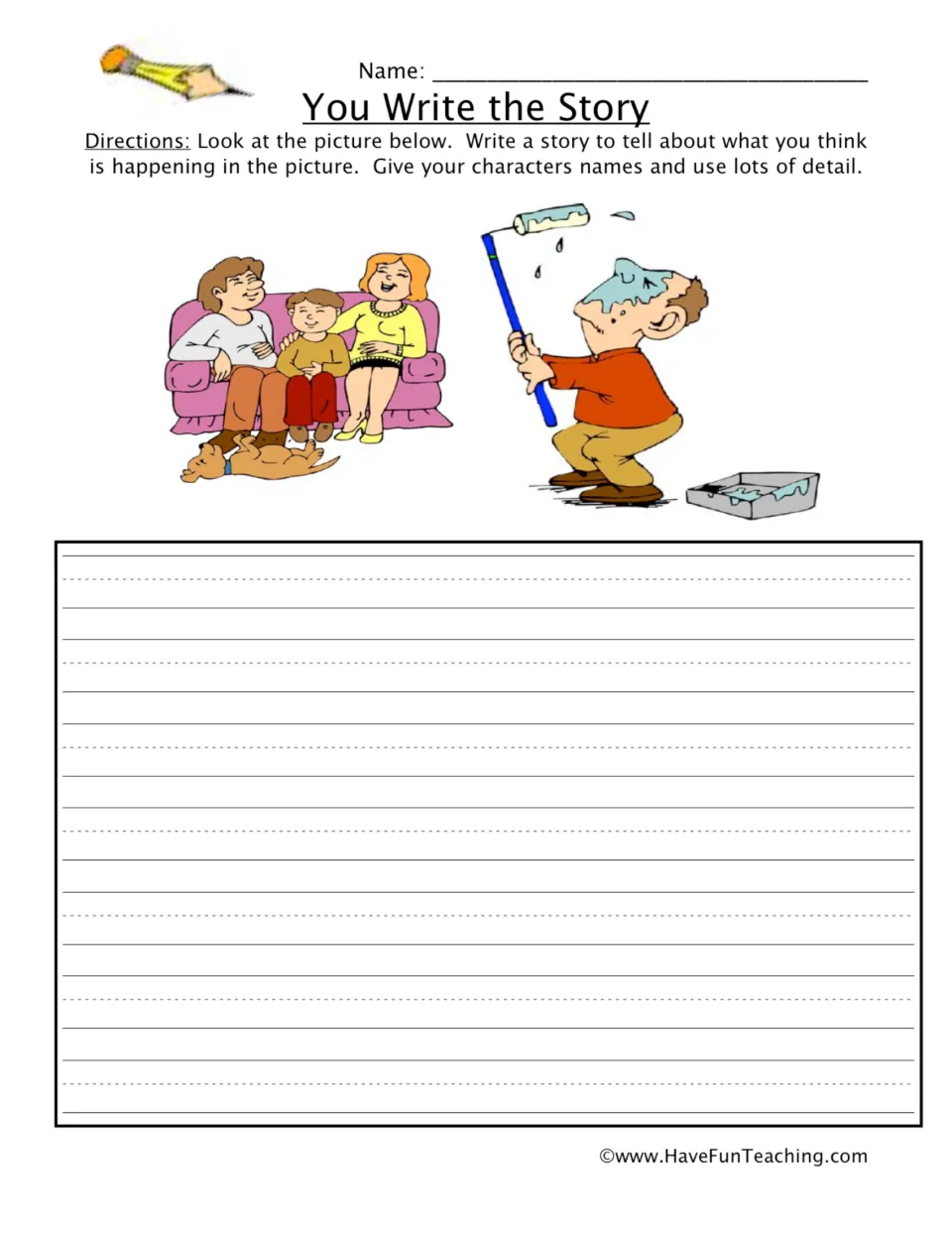 Story writing prompt: a dad gets paint on his head while his family watches; name characters and add details.