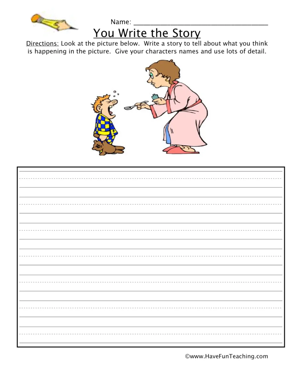 Picture writing prompt: students write a story about a woman giving a crying boy in pajamas medicine, naming the characters