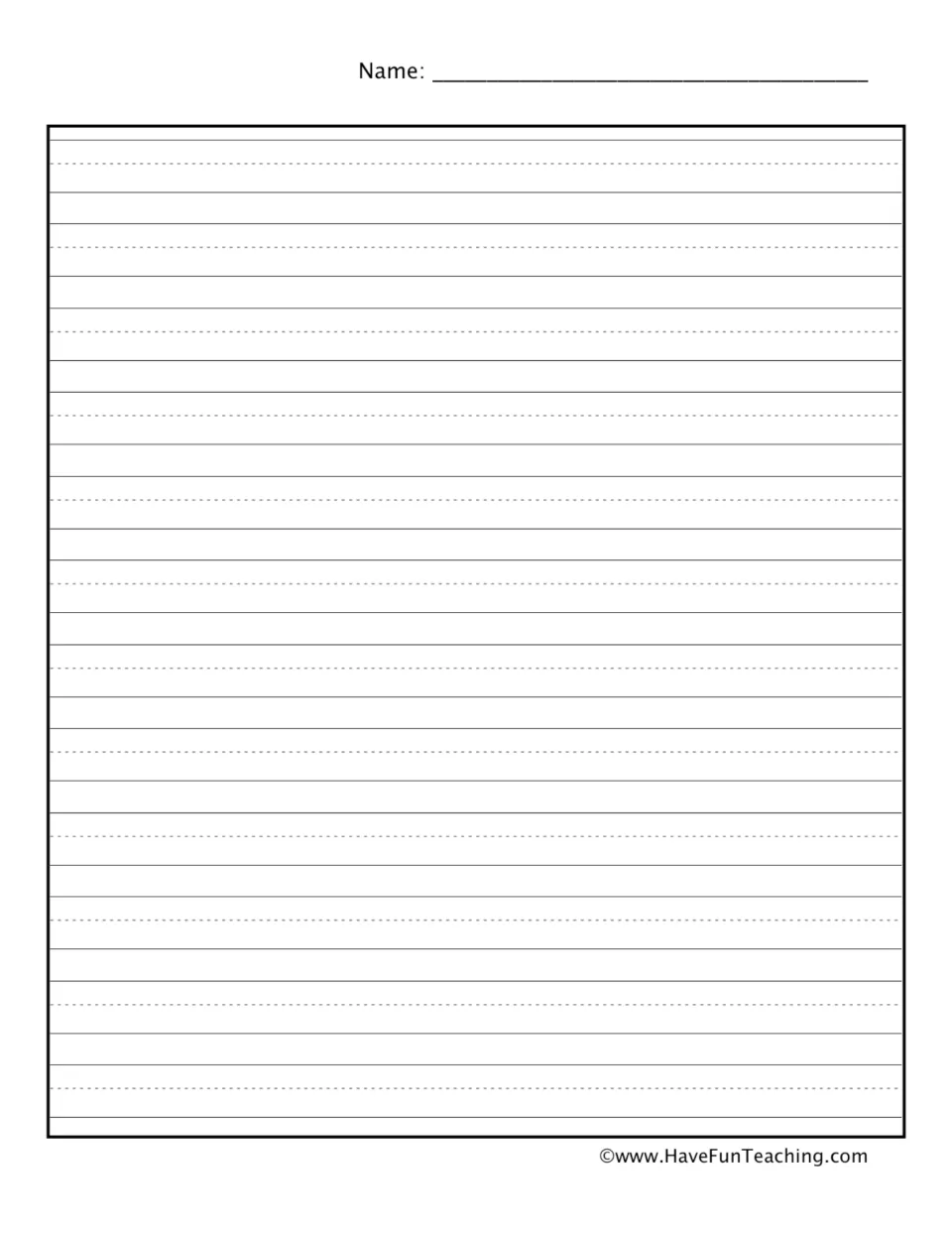 Story continuation page: blank handwriting paper with a name field where students keep writing their picture story