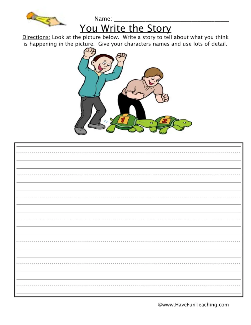 Picture writing prompt: two cheering boys watch turtles numbered 1 and 2 race; students write a story with named characters