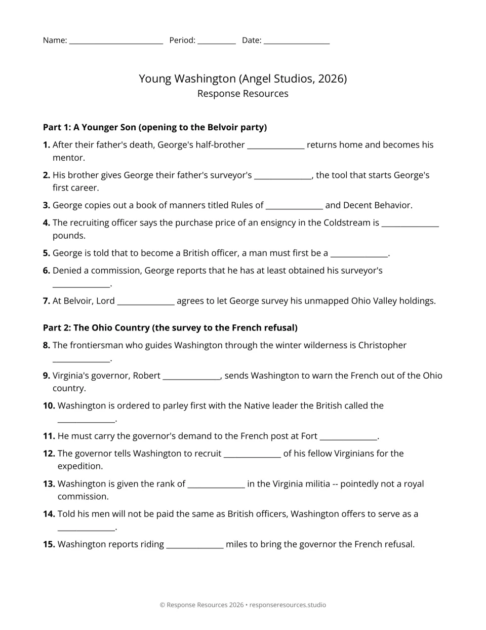 Young Washington movie questions, Parts 1 and 2: students fill in blanks 1 to 15 on George's early life and Ohio mission
