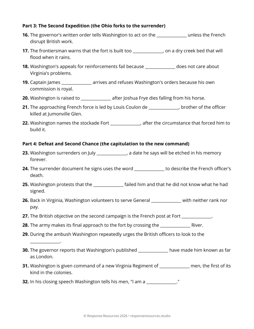 Young Washington movie questions, Parts 3 and 4: students fill in blanks 16 to 32 on the second expedition and surrender