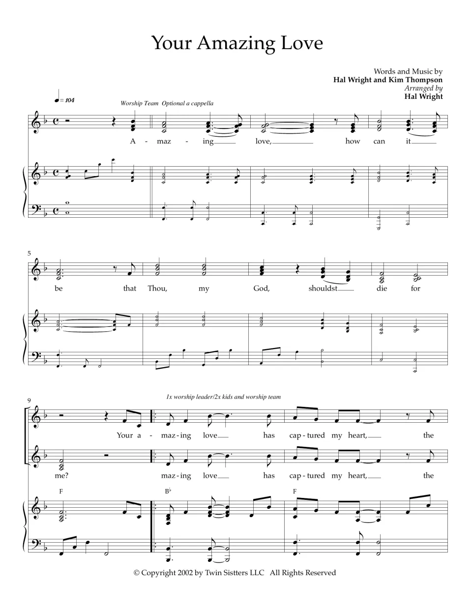 Your Amazing Love score, bars 1-11: vocal lines and piano in F, worship team a cappella intro, then chorus with chords