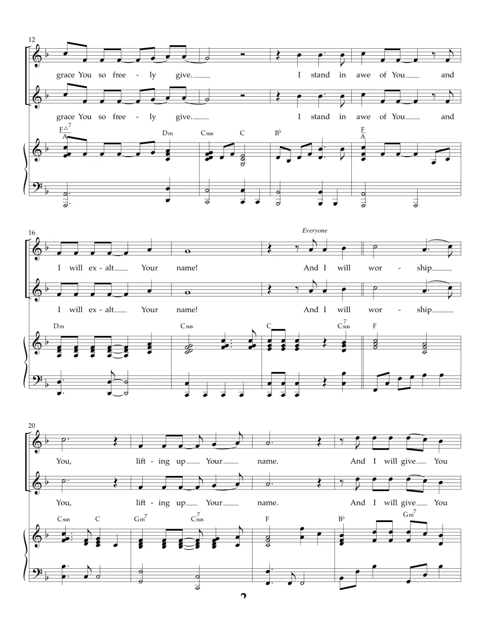 Bars 12-23 of the song: two vocal parts sing 'I stand in awe of You' and 'I will exalt Your name' over piano and chords