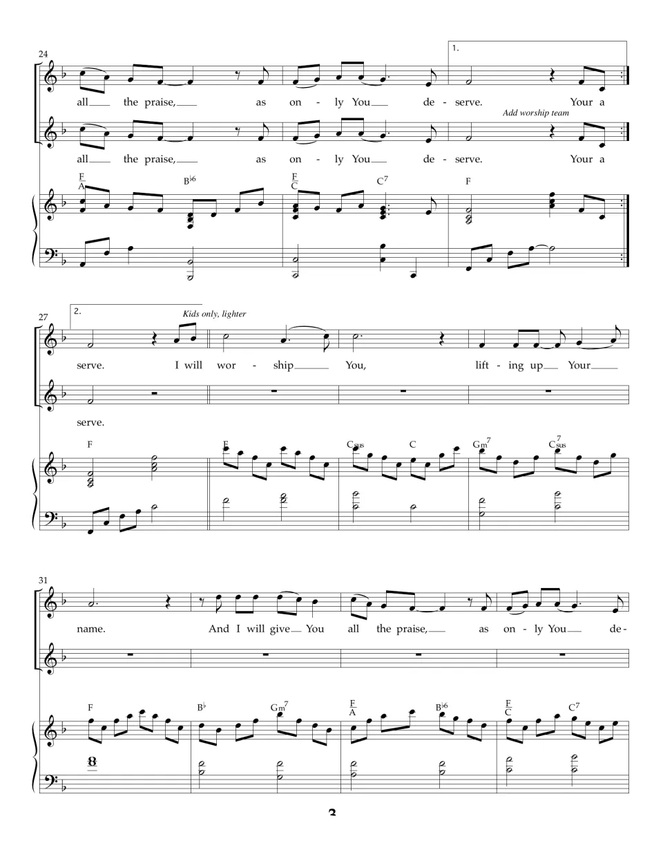 Bars 24-34: first and second endings, with 'Kids only, lighter' solo melody on 'I will worship You' over flowing piano