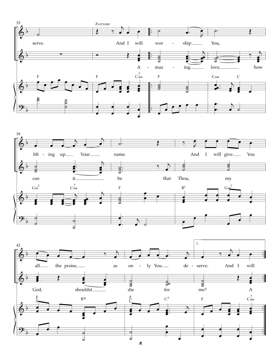 Bars 35-44: everyone sings 'And I will worship You' as the second part sings 'Amazing love, how can it be'