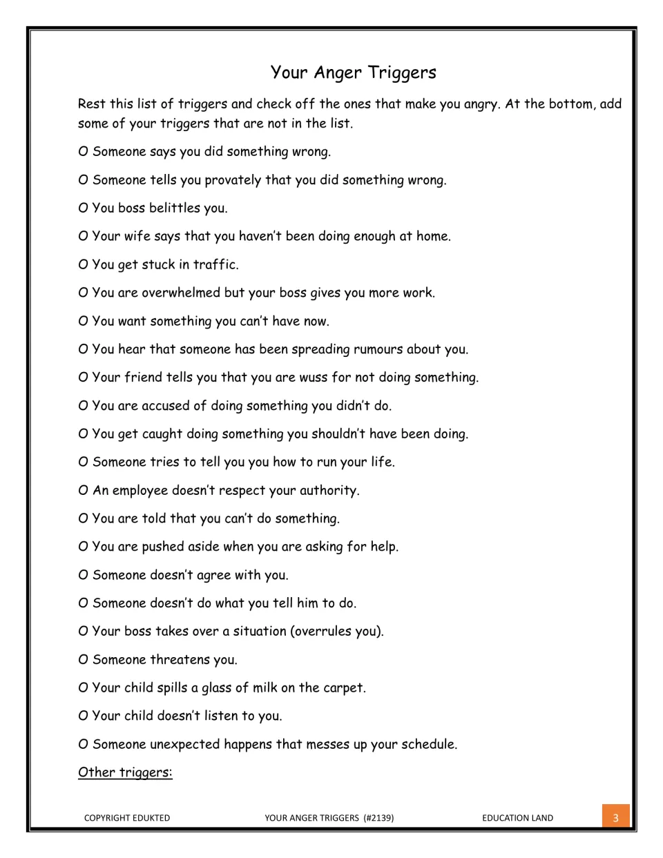 Anger trigger checklist: learners tick 22 situations that anger them, like traffic or rumours, then add their own triggers