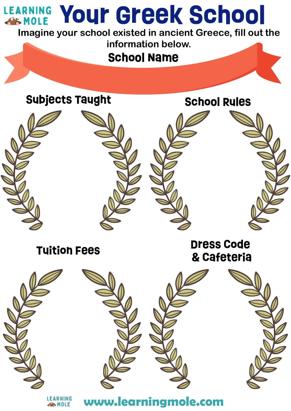 Ancient Greek school planning activity: school name, subjects taught, school rules, tuition, dress, and cafeteria.