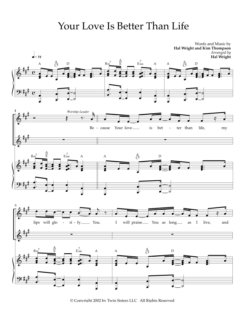 Your Love Is Better Than Life score, bars 1-7: piano intro in A major, then the worship leader sings the opening verse