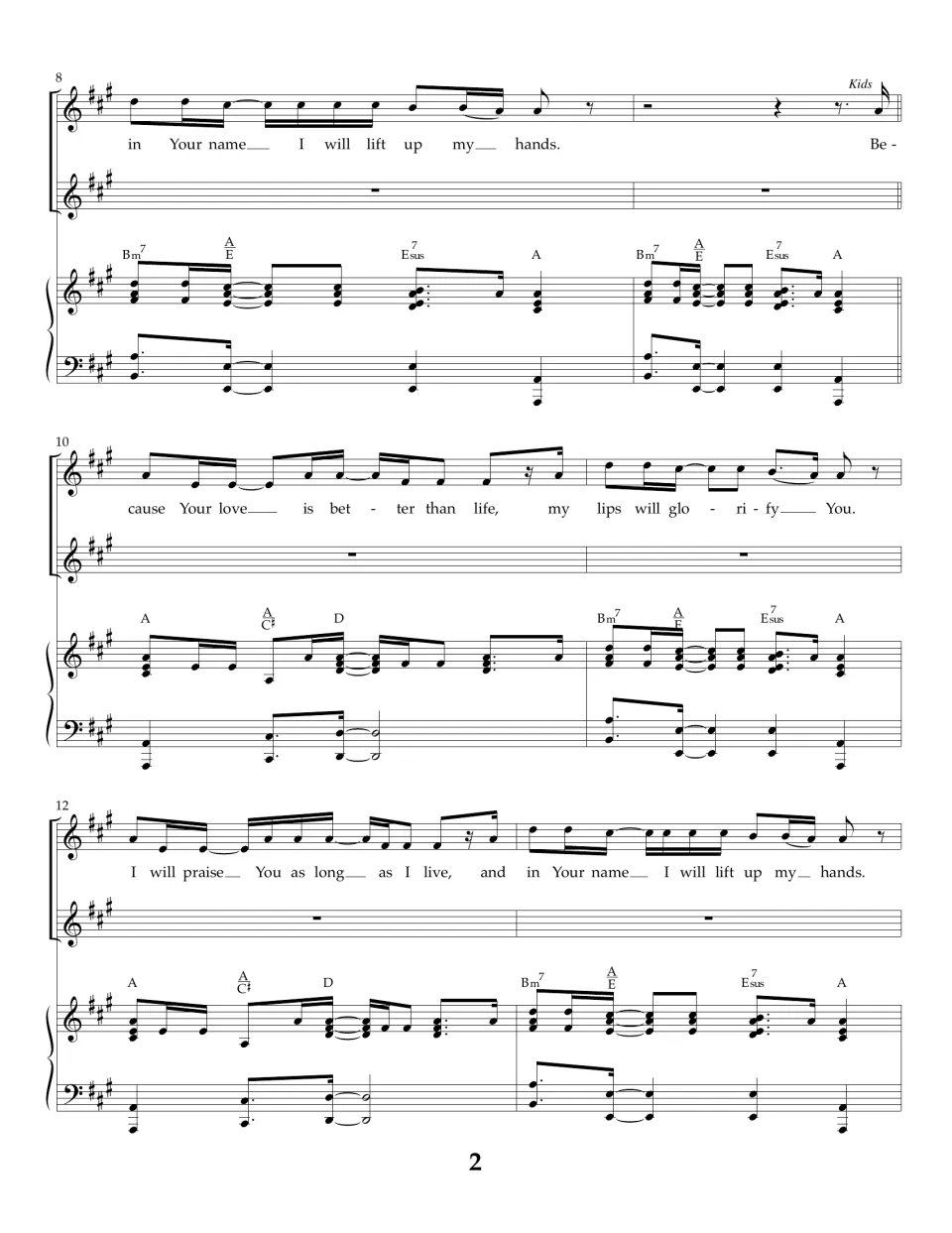 Bars 8-13: leader ends 'lift up my hands', then the kids repeat the verse over piano chords Bm7, A/E and Esus