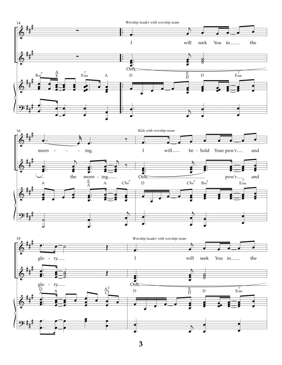 Bars 14-19 bridge: worship leader and team sing 'I will seek You in the morning' as a second line sustains 'Ooh'