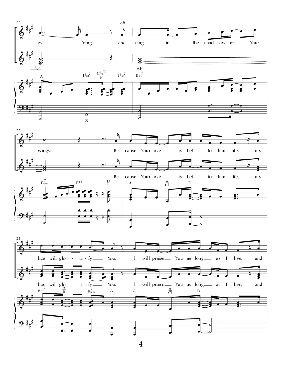 Bars 20-25: all voices sing 'in the shadow of Your wings' over an 'Ah' line, then return to the chorus in two parts