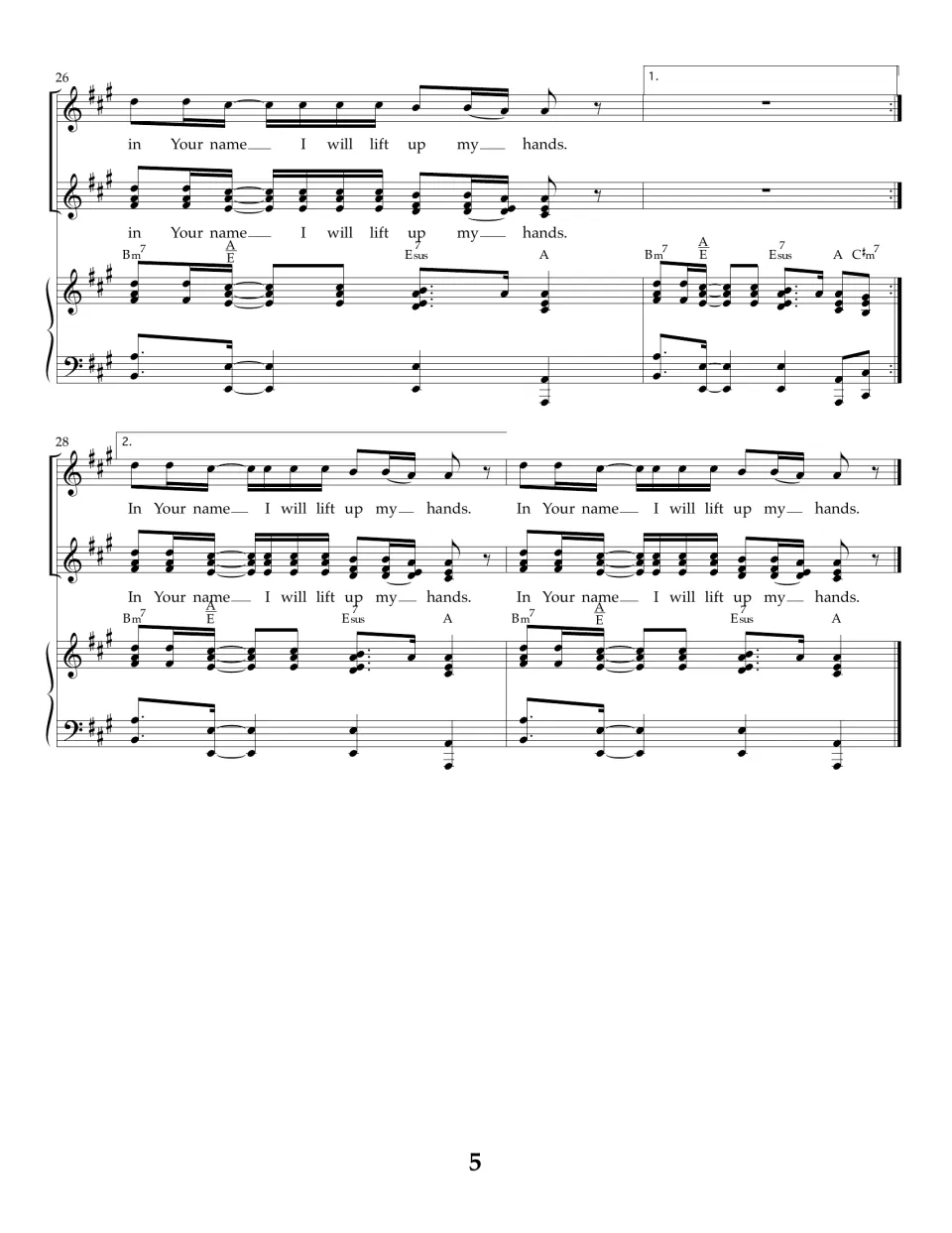 Final bars 26-29: first and second endings, with 'In Your name I will lift up my hands' sung twice to close the piece