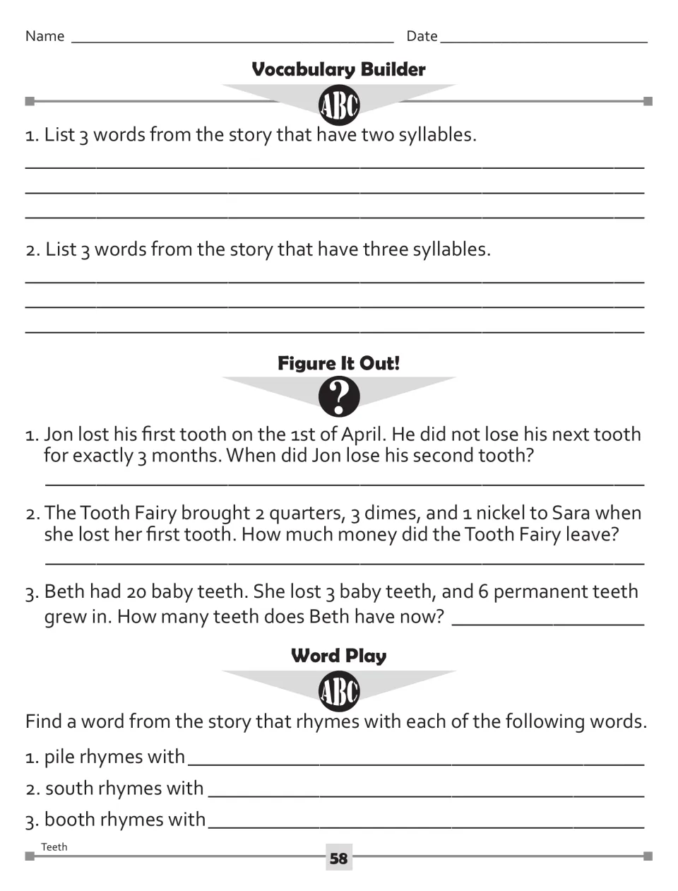 Vocabulary Builder syllable lists, Tooth Fairy and lost-tooth word problems, and rhymes for pile, south and booth
