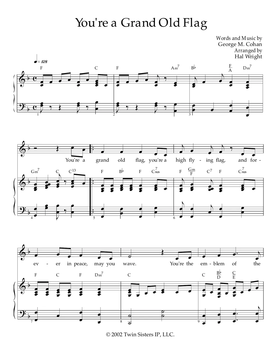 You're a Grand Old Flag by George M. Cohan, arranged by Hal Wright: vocal melody, lyrics, chords and piano, bars 1-9 in F