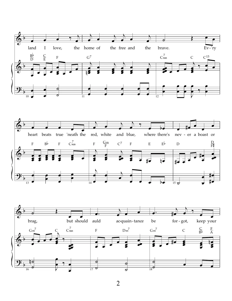 Song score, bars 10-18 in F: vocal line with lyrics from 'land I love' to 'auld acquaintance', piano and chord names