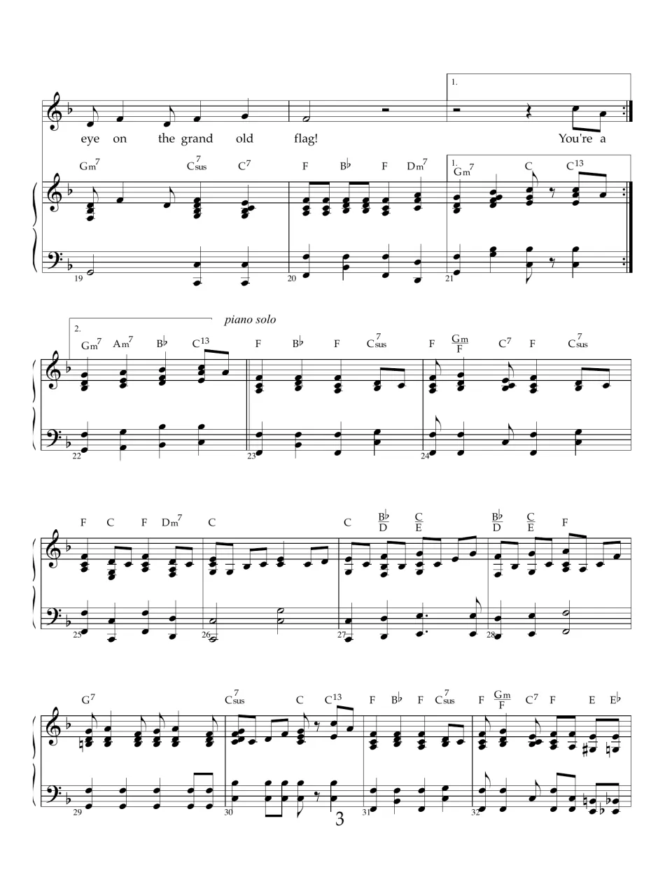 Bars 19-32 in F: chorus ends with first and second endings, then a piano solo section with chord symbols