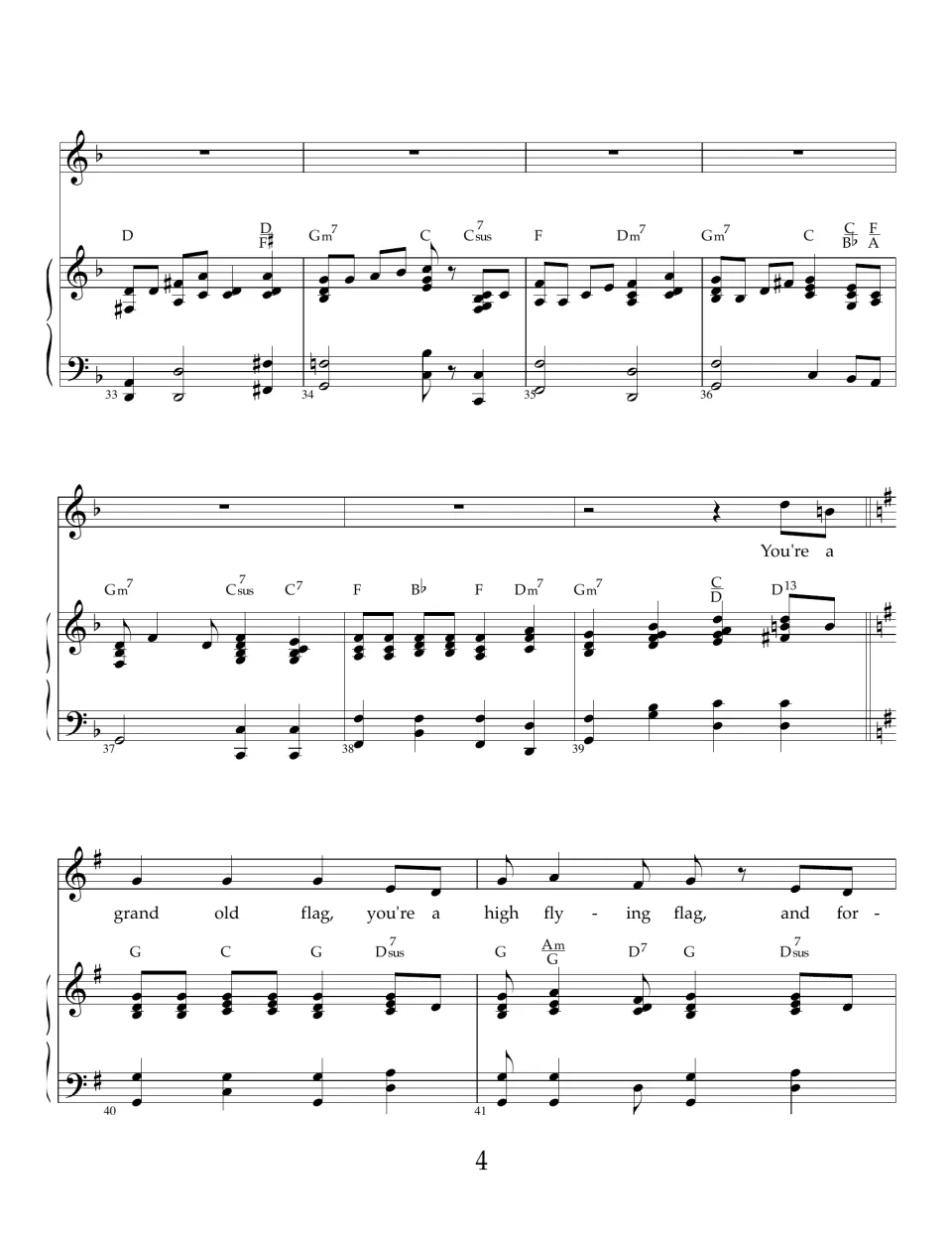 Bars 33-41: piano solo finishes, the voice re-enters and the key changes from F to G major for the last chorus