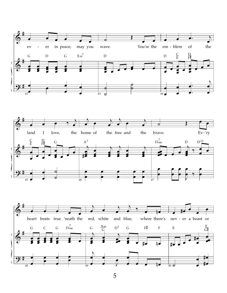 Bars 42-50 in G major: chorus line from 'ever in peace, may you wave' to 'never a boast or', with piano and chords