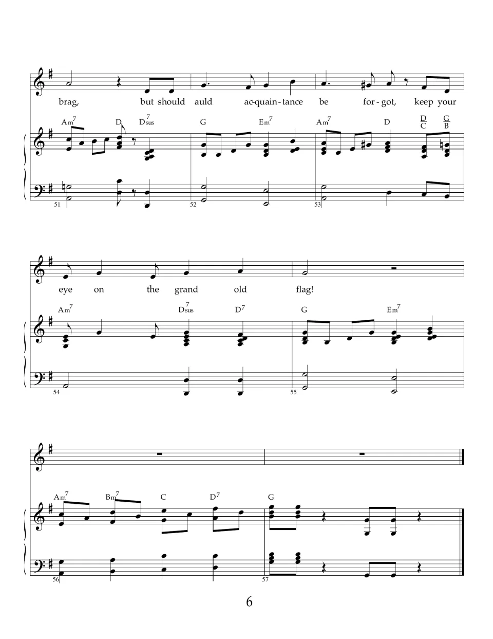 Closing page, bars 51-57 in G: last sung lines from 'brag' to the closing 'flag!', then a short piano tag ends the song