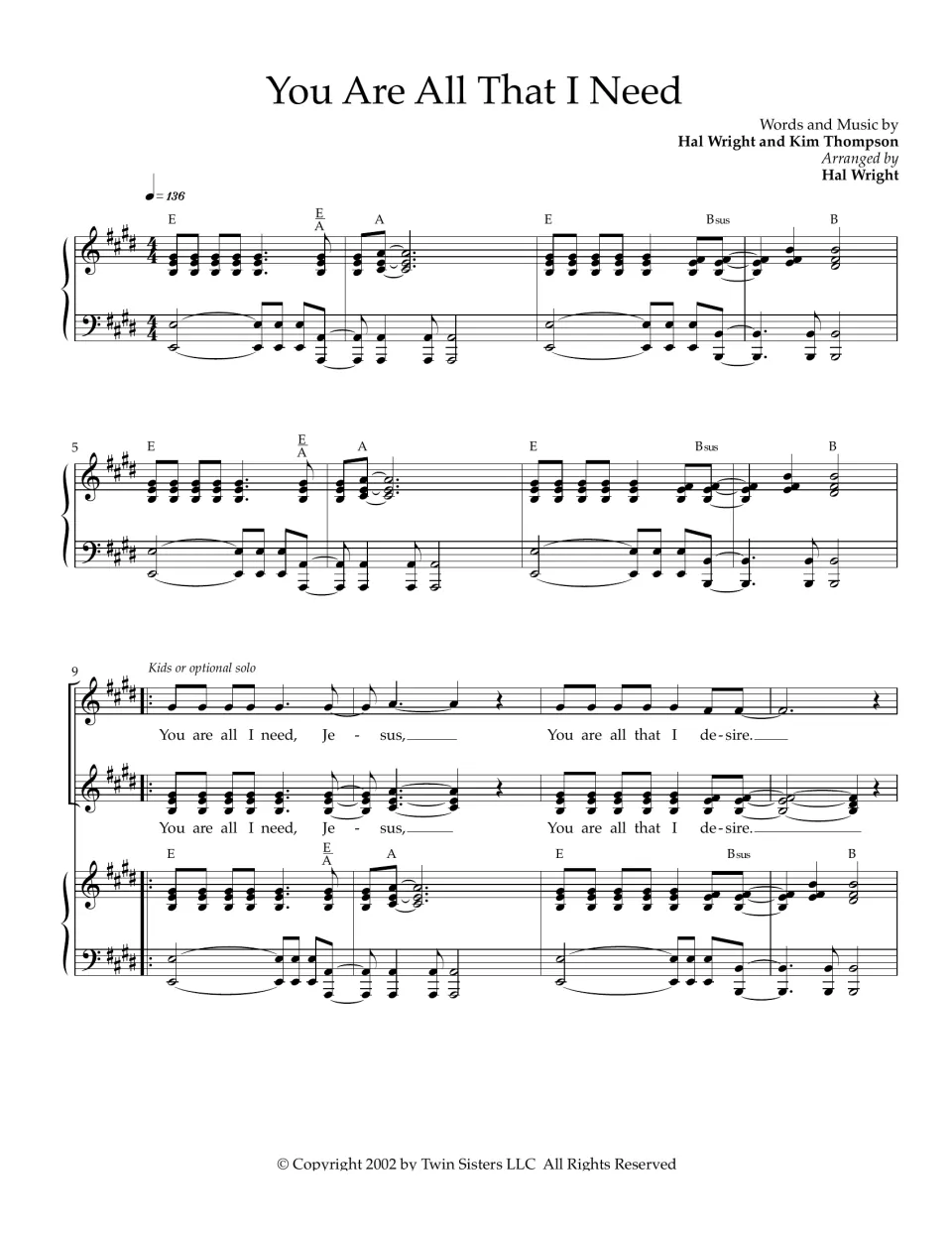 "You Are All That I Need" score opening: piano intro in E, then a kids' solo sings "You are all I need, Jesus"