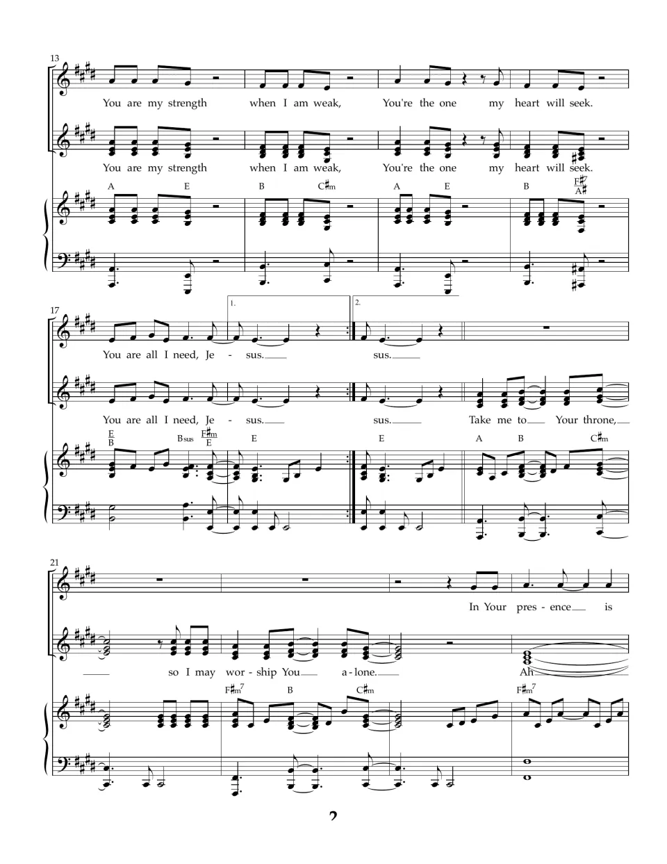Song score bars 13-24: verse "You are my strength when I am weak," first and second endings, then "Take me to Your throne"