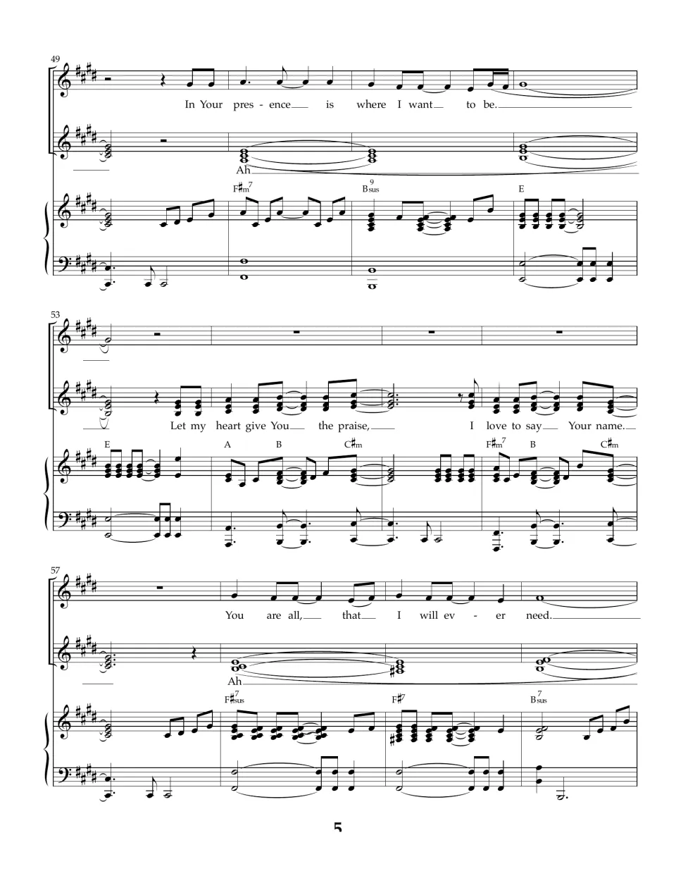 Song score bars 49-60: "In Your presence is where I want to be" over sung "Ah" chords, plus "I love to say Your name"